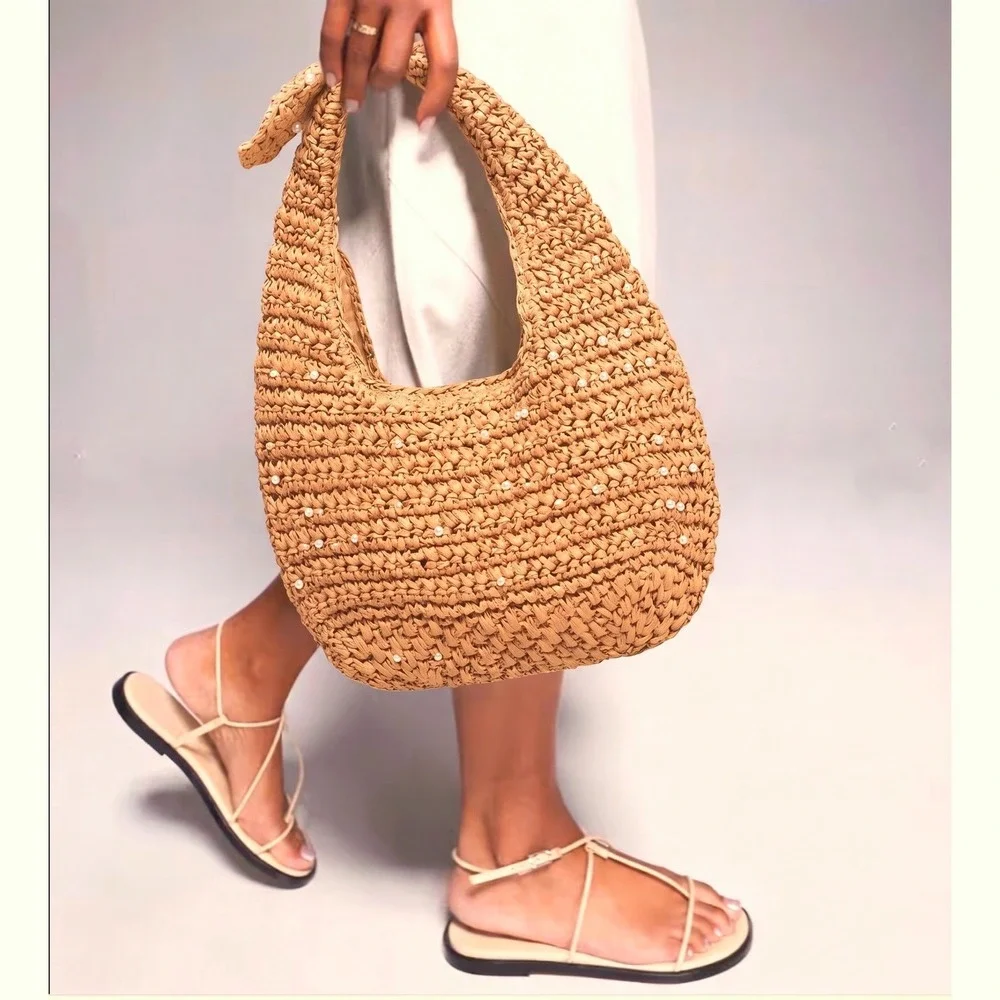 Haute Hippie Pearl Embellished Raffia Hobo Bag Women OS Tan Woven Straw NEW